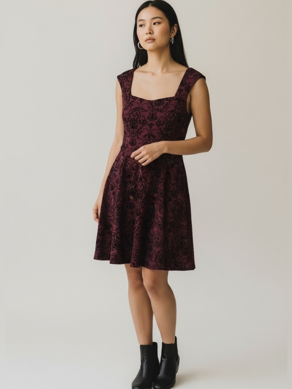 Velvet Wine Peplum Gothic Damask dress with heart neck decolte